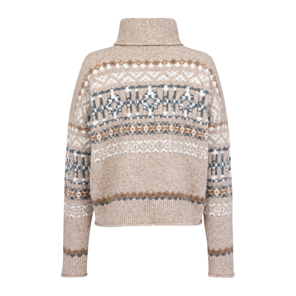 Eames turtleneck sweater in oatmeal beige with Fair Isle knit pattern in white, grey, and caramel