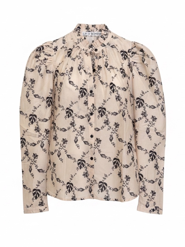 Alix of Bohemia Artemis Shadow Lace Shirt in off-white with black floral vine print and puffed sleeves