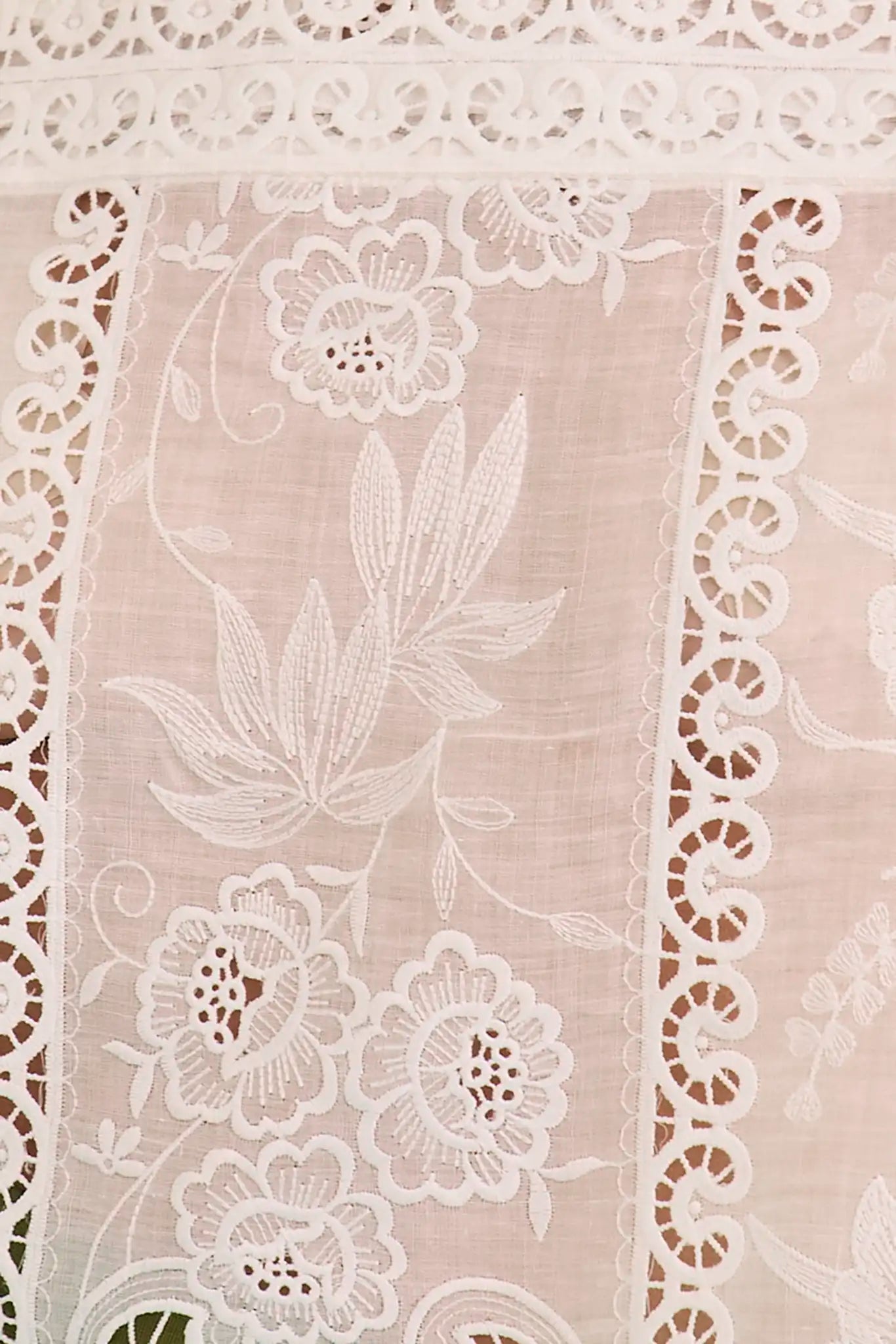 Close-up detail of white embroidered lace fabric with floral cutout patterns and scalloped edges