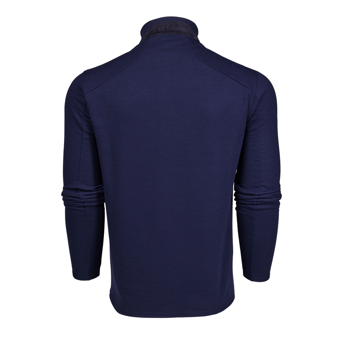 Back view of Greyson Troy Quarter Zip pullover in navy Maltese Blue with textured fabric