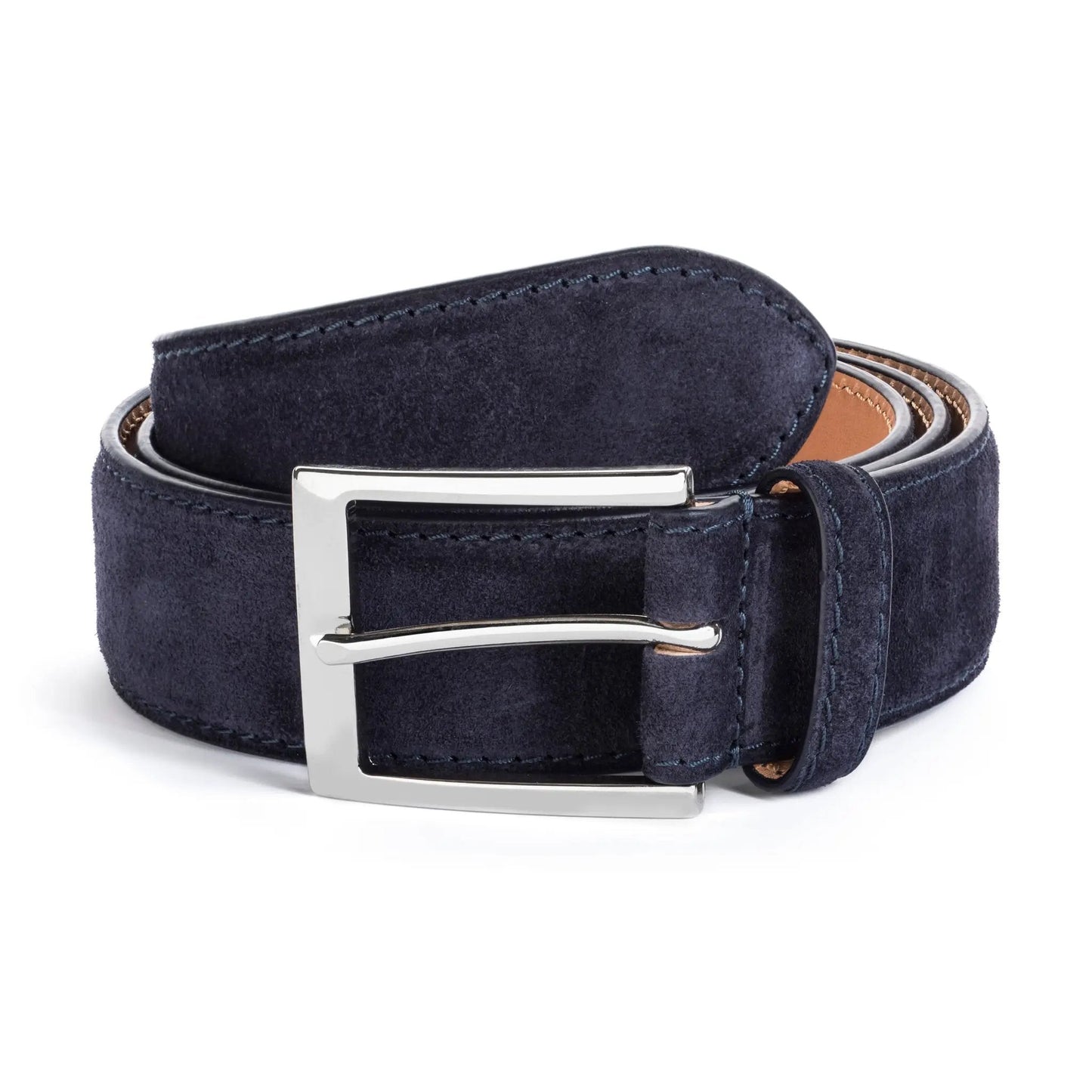 Navy blue suede belt coiled with polished silver rectangular buckle and tan leather lining