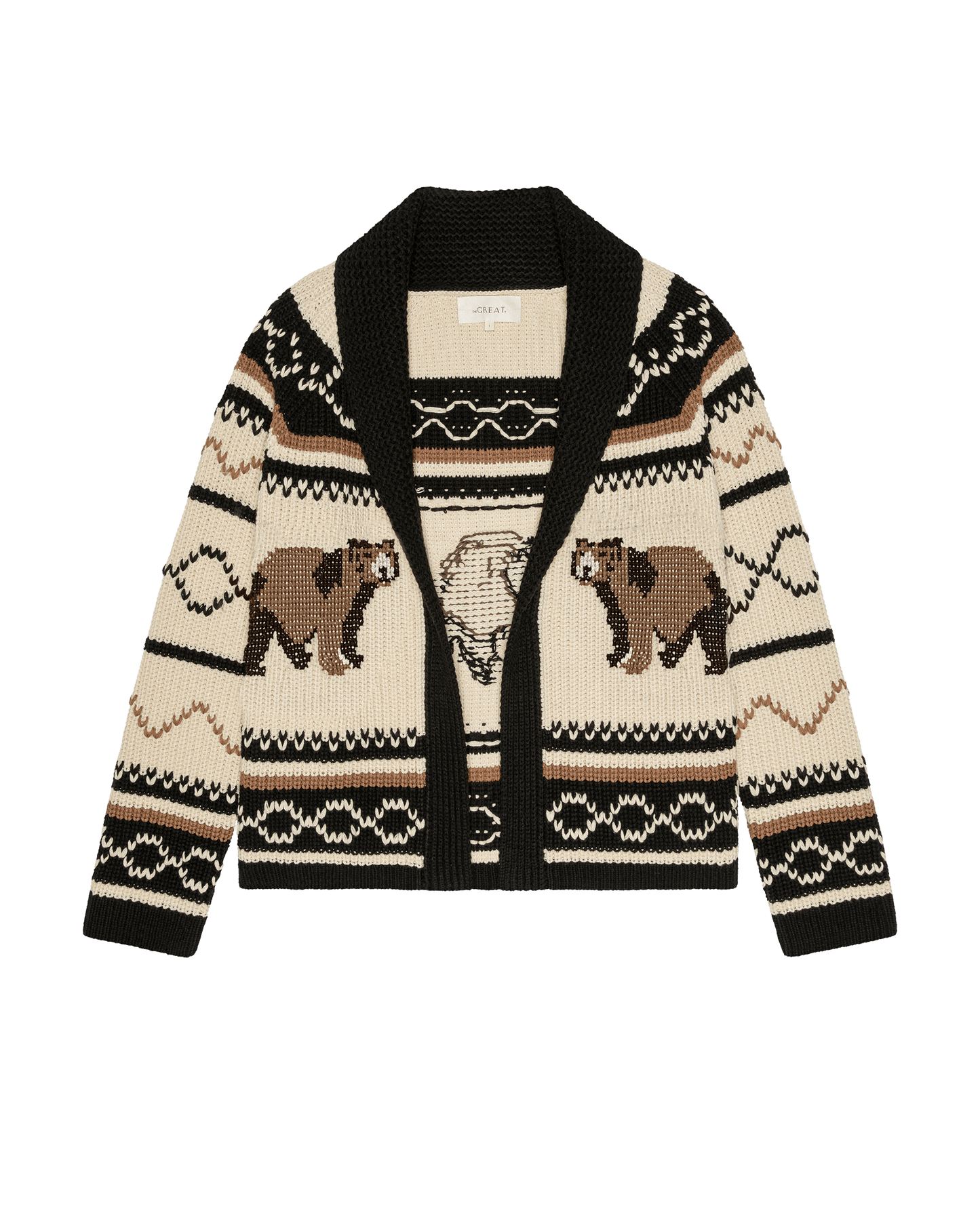 The GREAT Bear Lodge Cardigan in black with intarsia bear motif and Fair Isle pattern