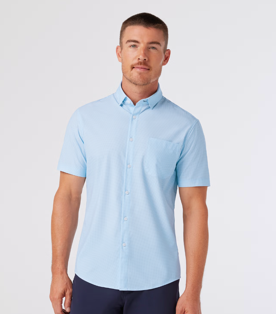 Mizzen + Main Leeward SS Dress Shirt Lt Blue Pressed Diamond