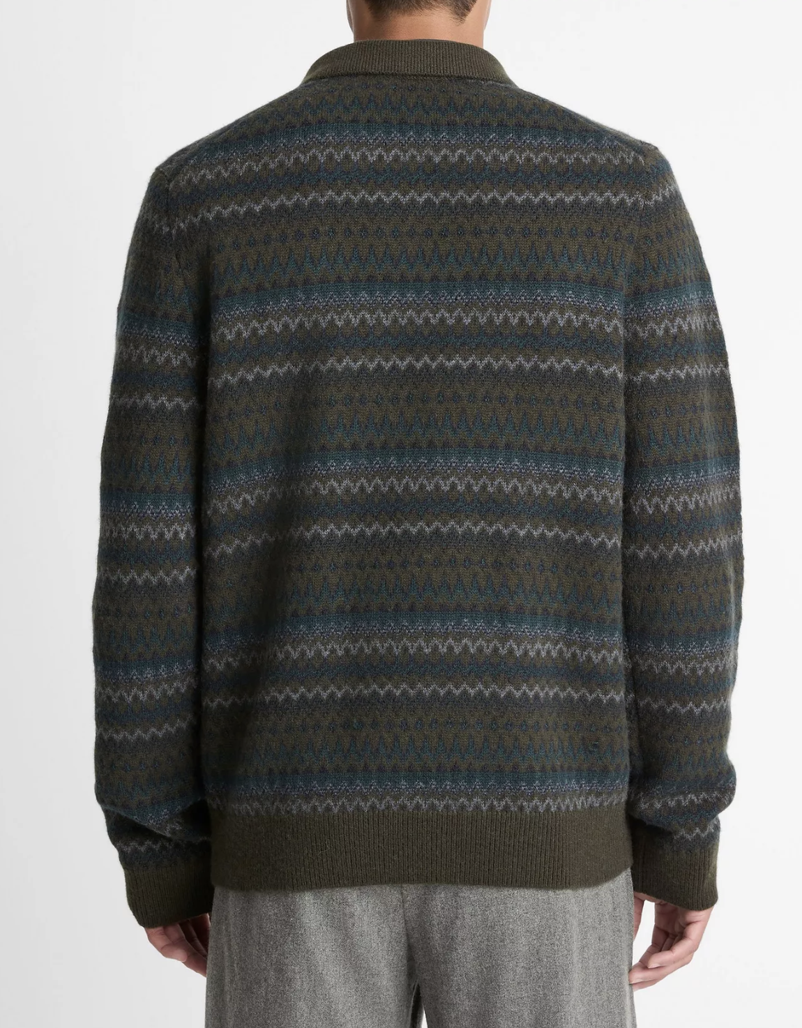 Vince Fair Isle Johnny Collar Dark Leaf Combo
