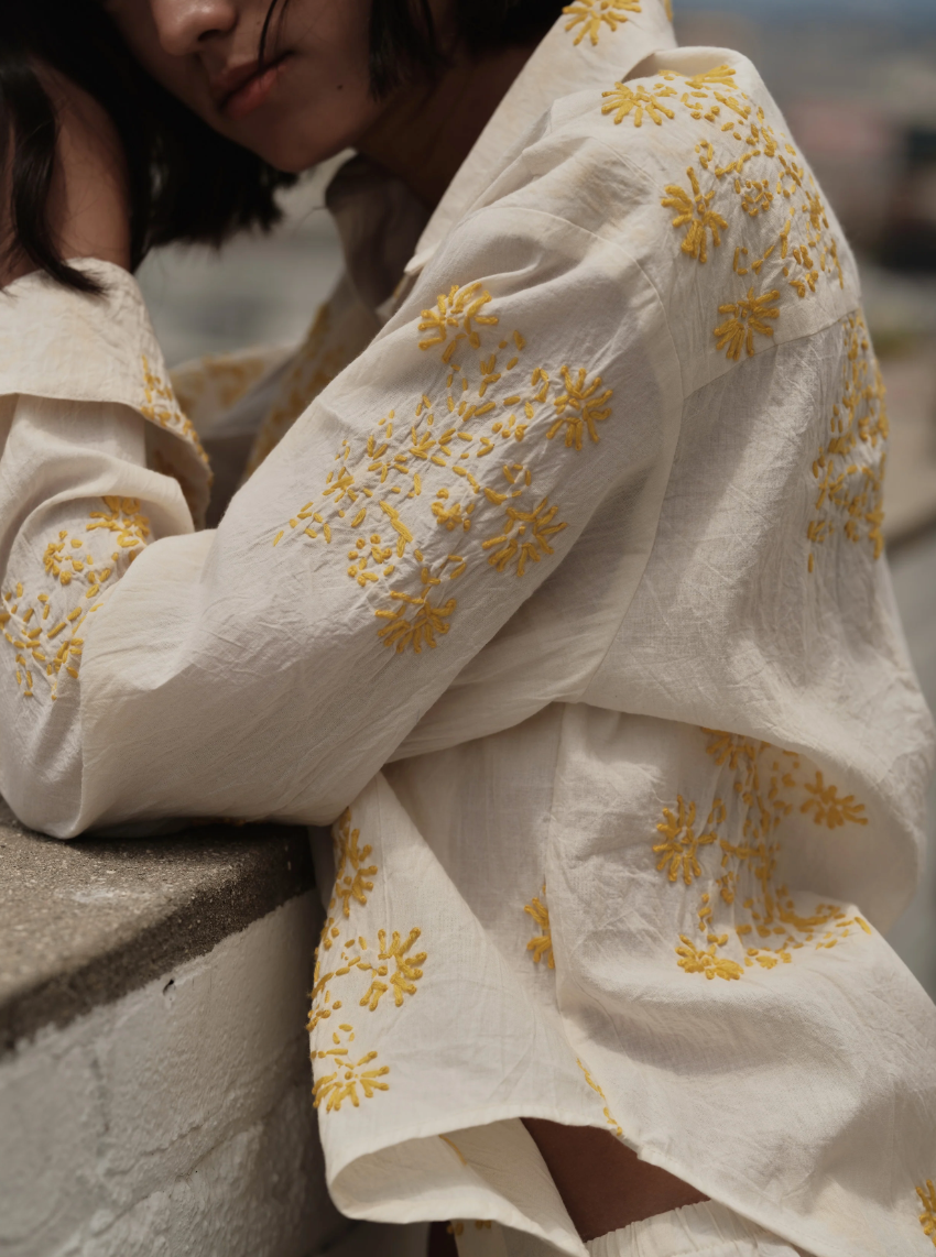 Cissa The Belle Natural Cotton Yellow Handstitch Blouse