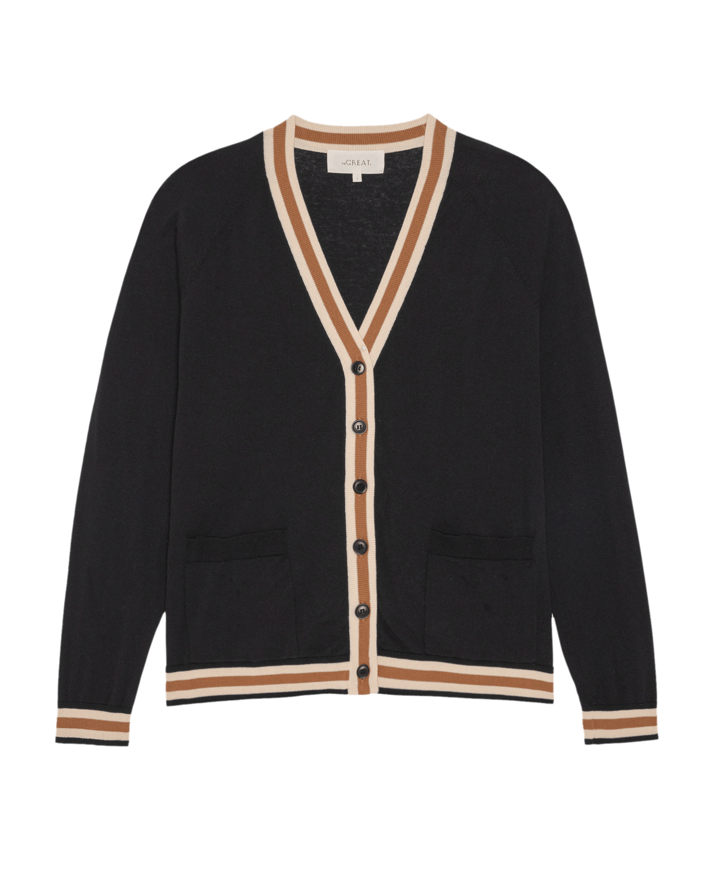 The GREAT Bowery Cardigan in black with contrast camel and cream stripe trim