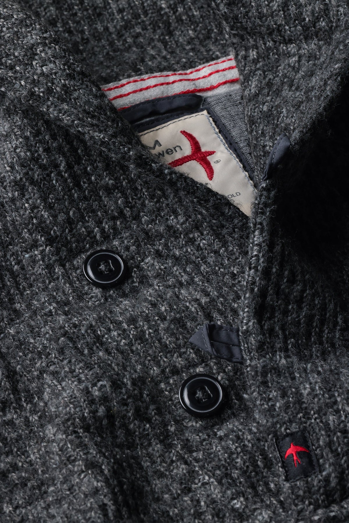 Close-up detail of Relwen Ridge Twist Shawl in charcoal showing knit texture, dark buttons, and brand label