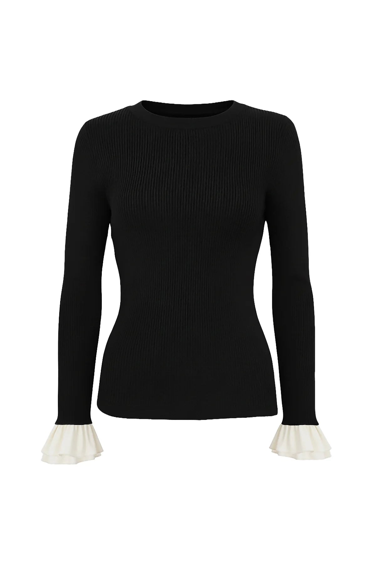 Black ribbed crew neck sweater with white ruffle cuffs by Le Superbe Extra
