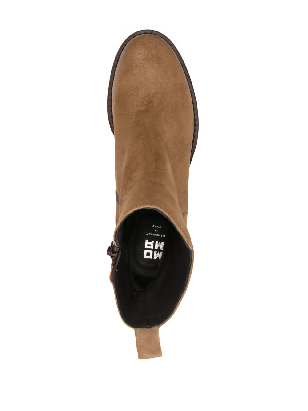 Moma Agnes Boot H Legno tan suede ankle boot shown from above with black interior and pull tab