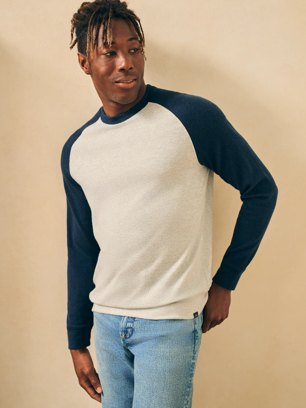Faherty Legend Baseball Sweater Crew Heather Gry/Navy