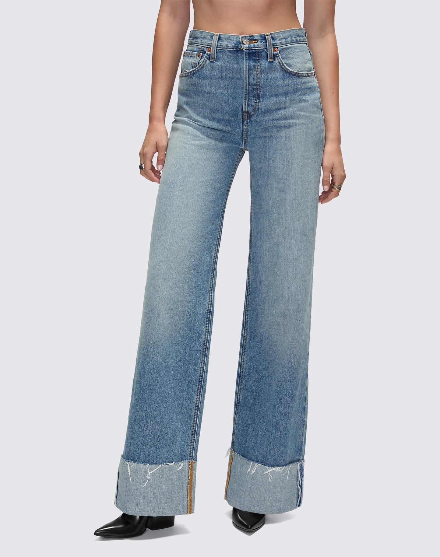 Re/Done High Rise Wide Leg Cuff Vintage Biker Blue