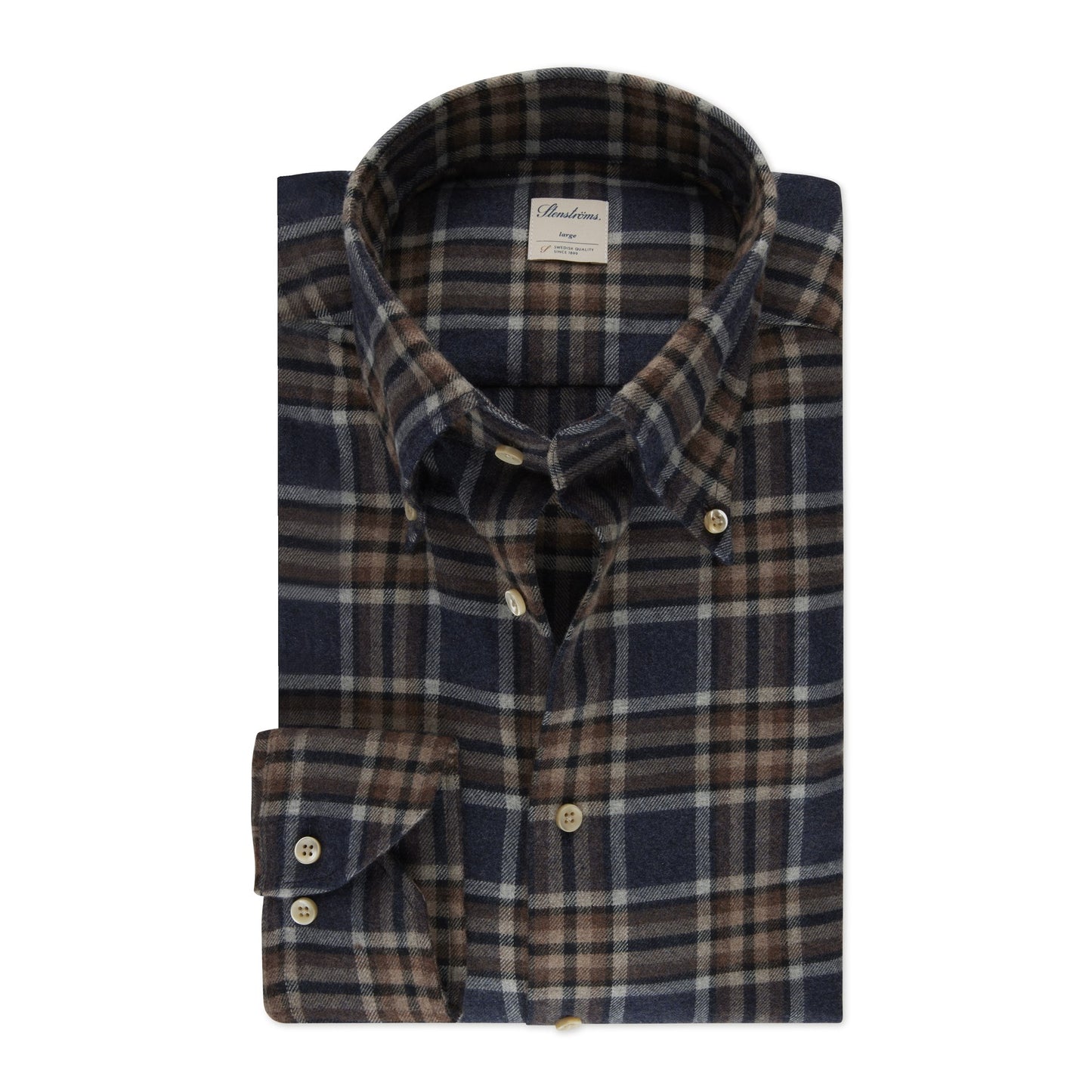 Stenstroms Fitted Navy/Brown/Grey Plaid Shirt