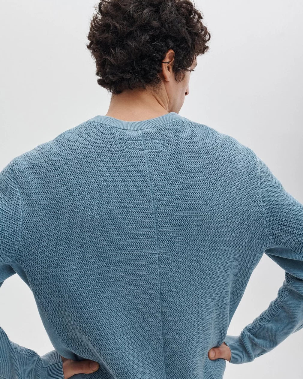 Rag & Bone Caden Washed Crew sweater in fog blue, shown from behind on model with curly hair