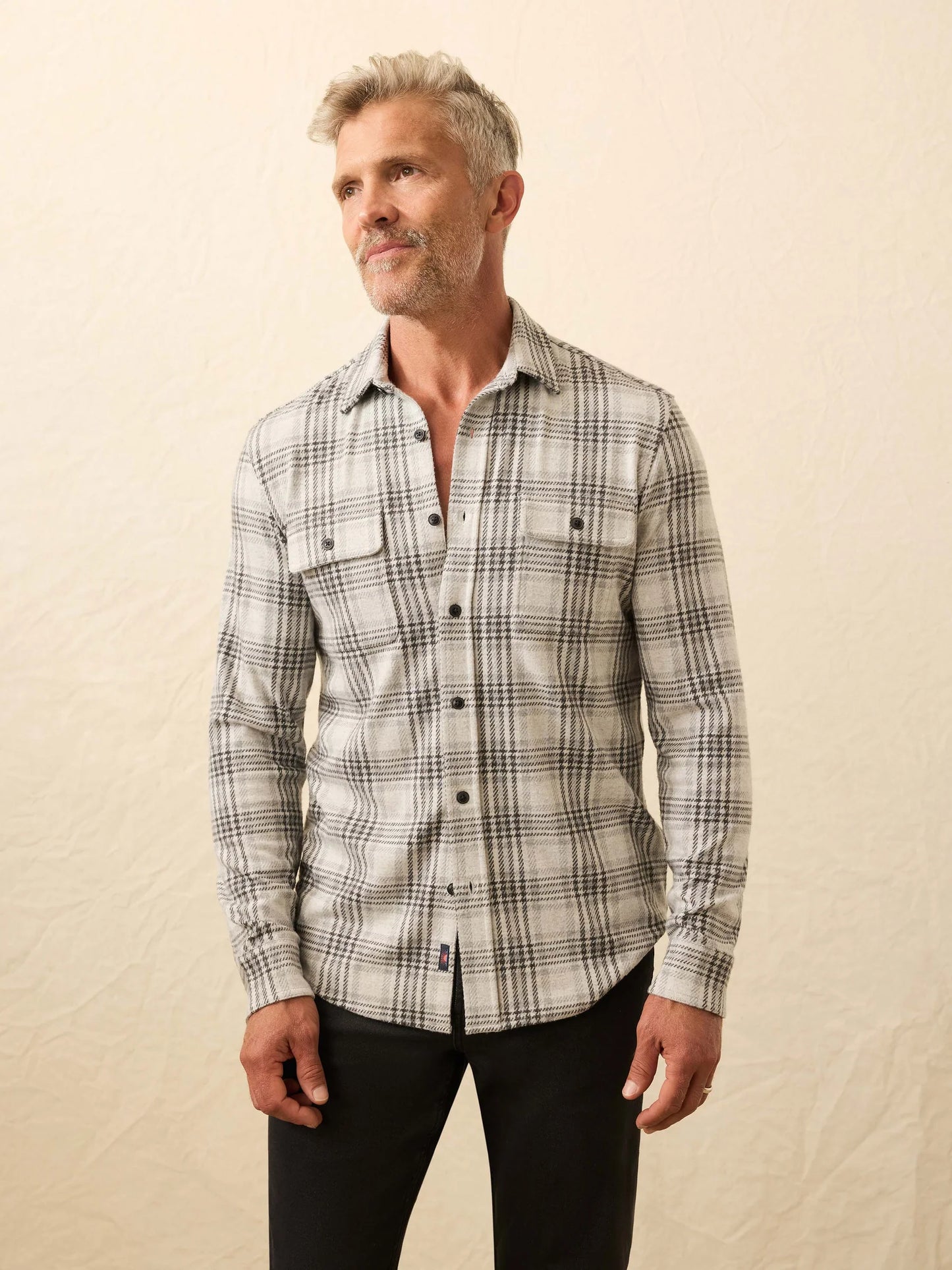 Faherty Legend Sweater Shirt Charcoal Cream Plaid