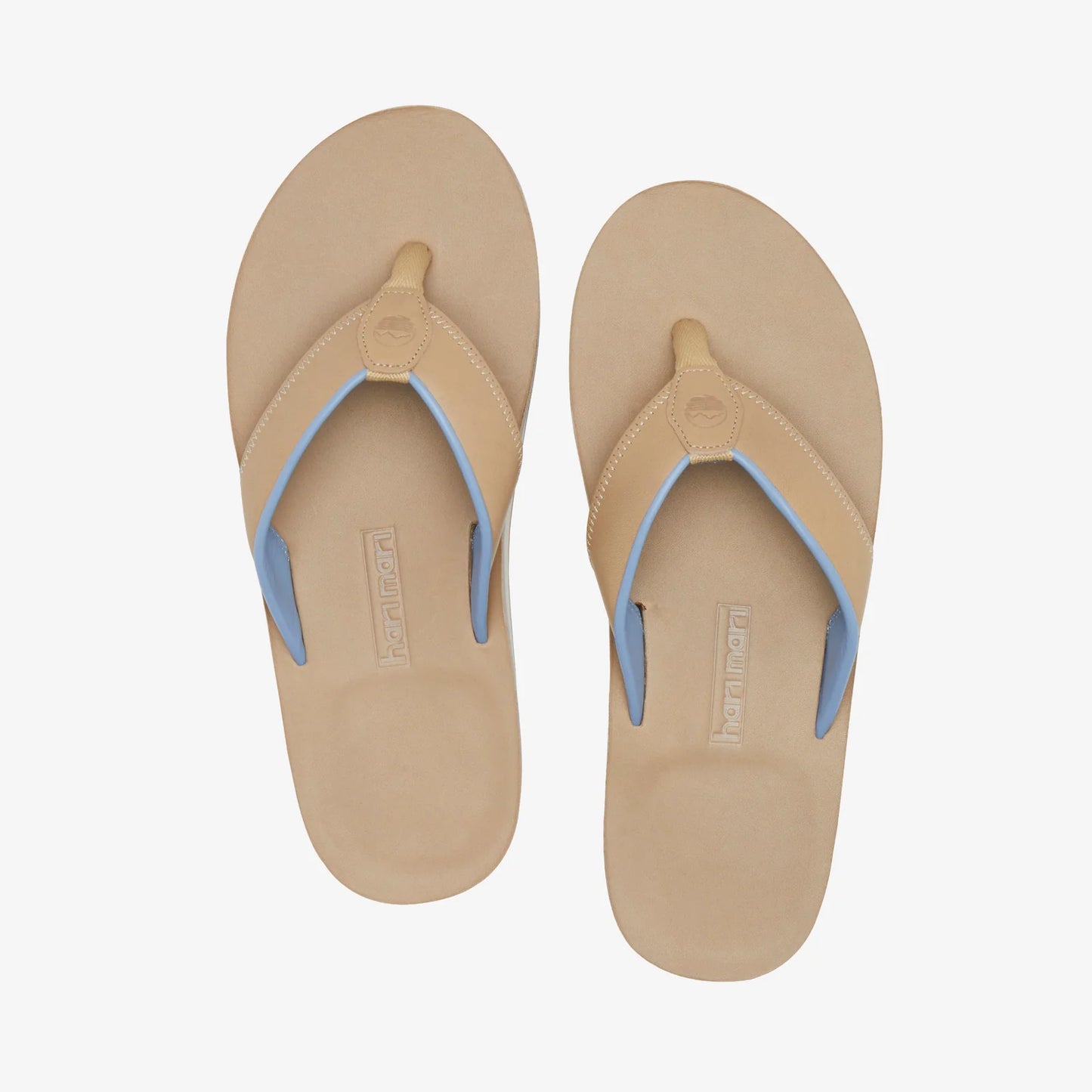 Hari Mari The Clipper Sand flip-flops with beige leather straps and blue accents on tan soles
