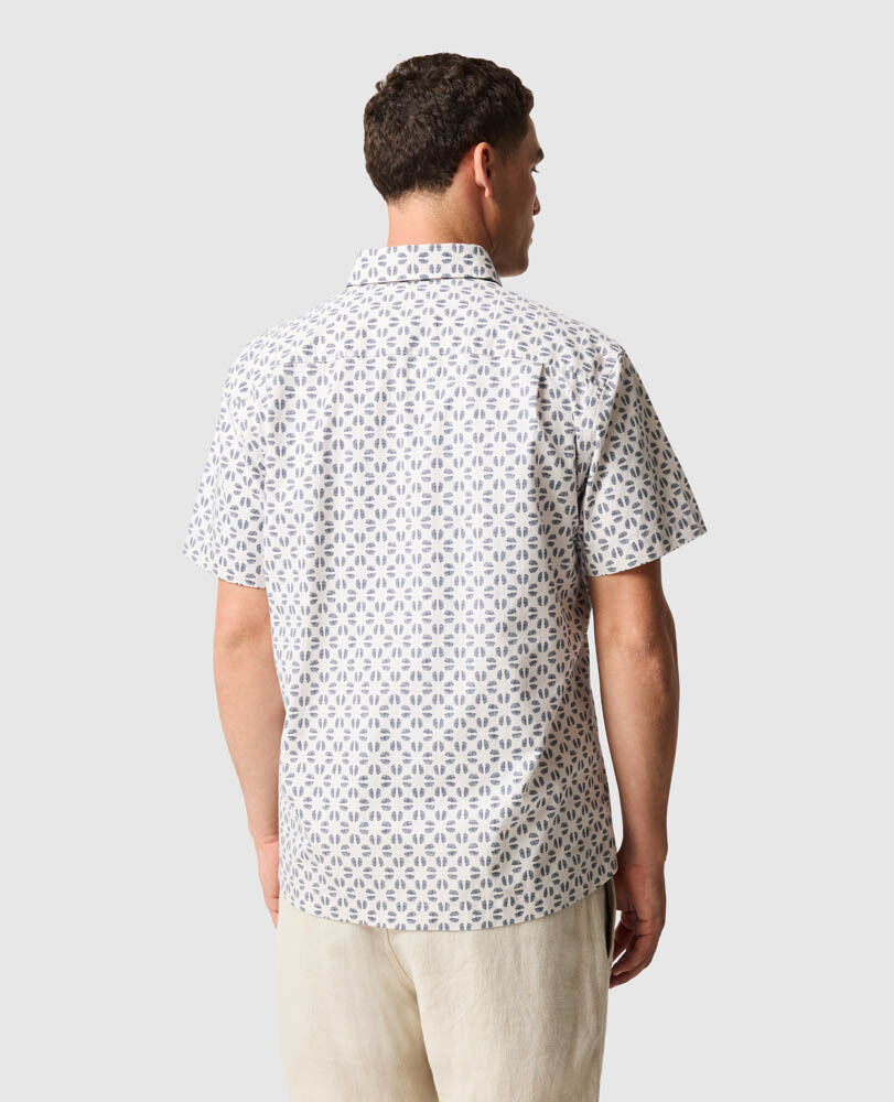 Rodd & Gunn Crown Hill short sleeve shirt with geometric pattern, shown from back view on male model.