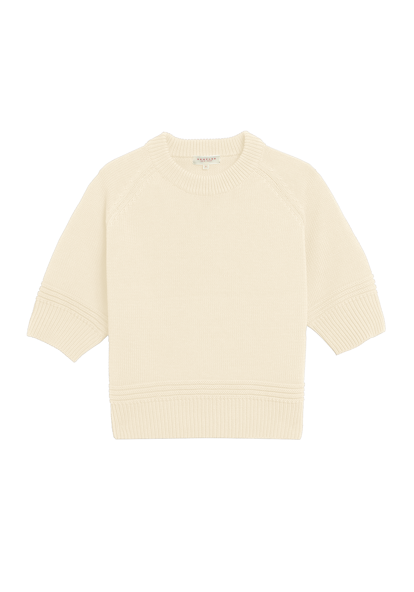 Demylee Daria short-sleeve cotton knit sweater in off-white cream with ribbed trim