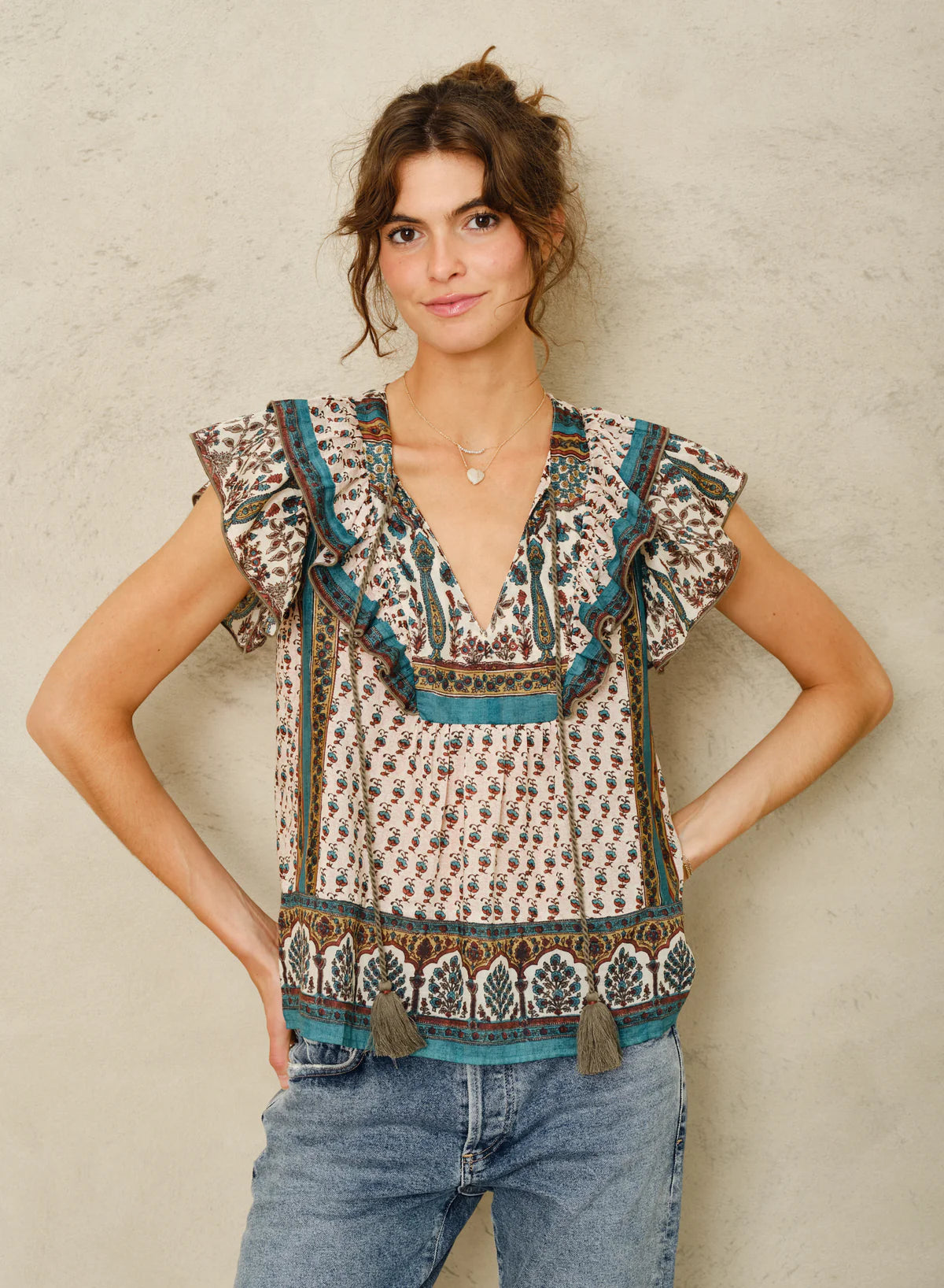 M.A.B.E. Devi Print SS Frill Top Multi