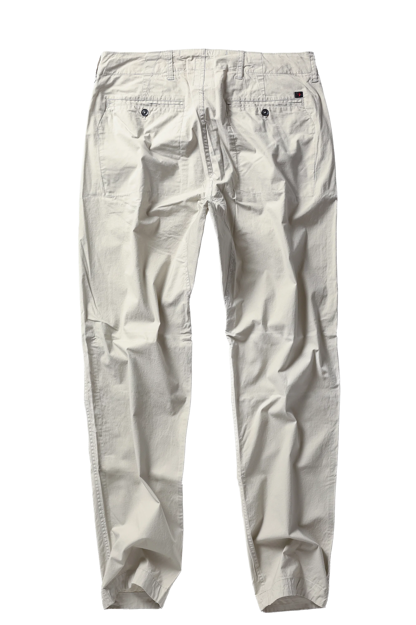 Relwen Flywt Flex chino pants in light beige showing back view with button pockets and tailored fit.