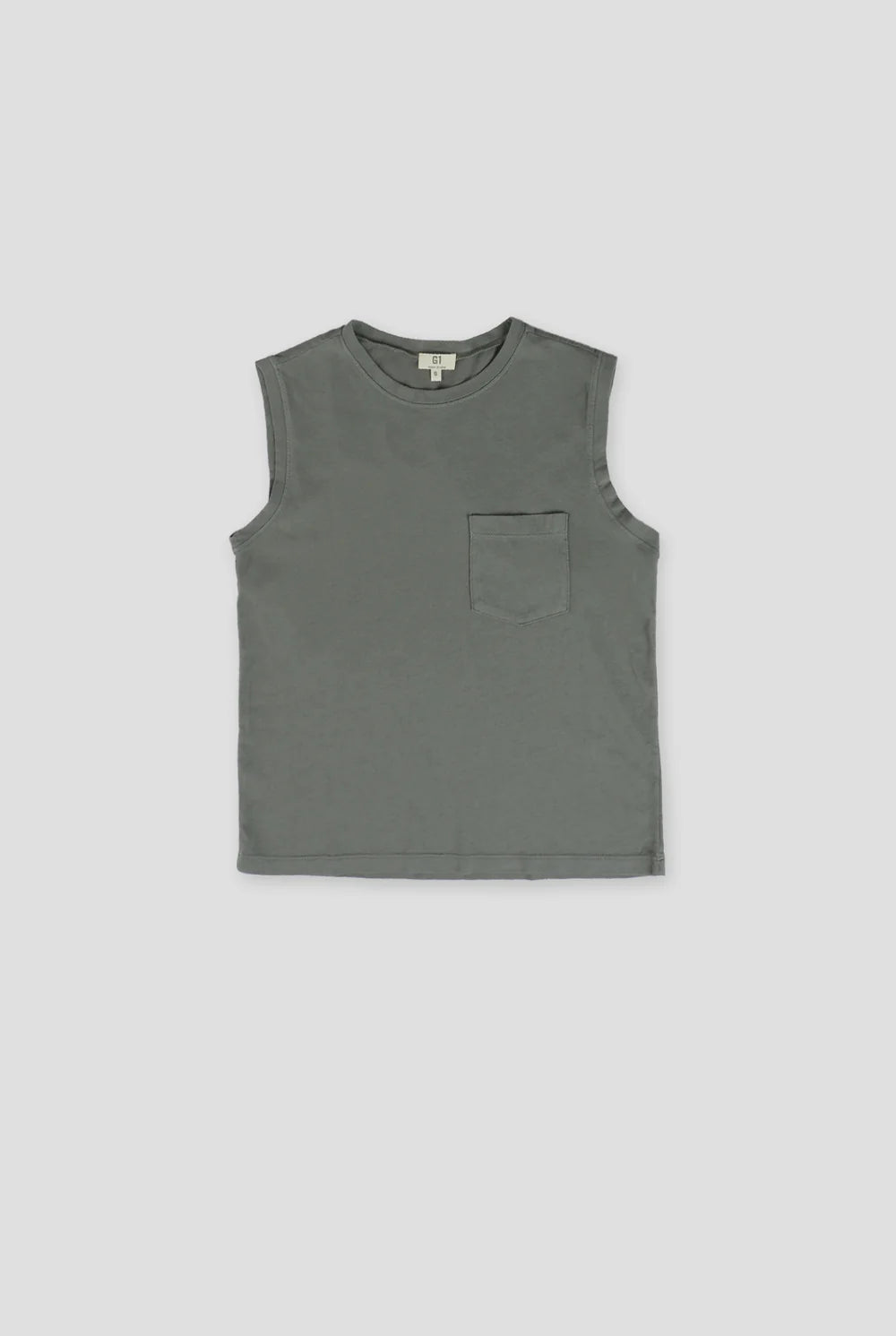 G1 sleeveless tank top with chest pocket in muted green color on neutral background