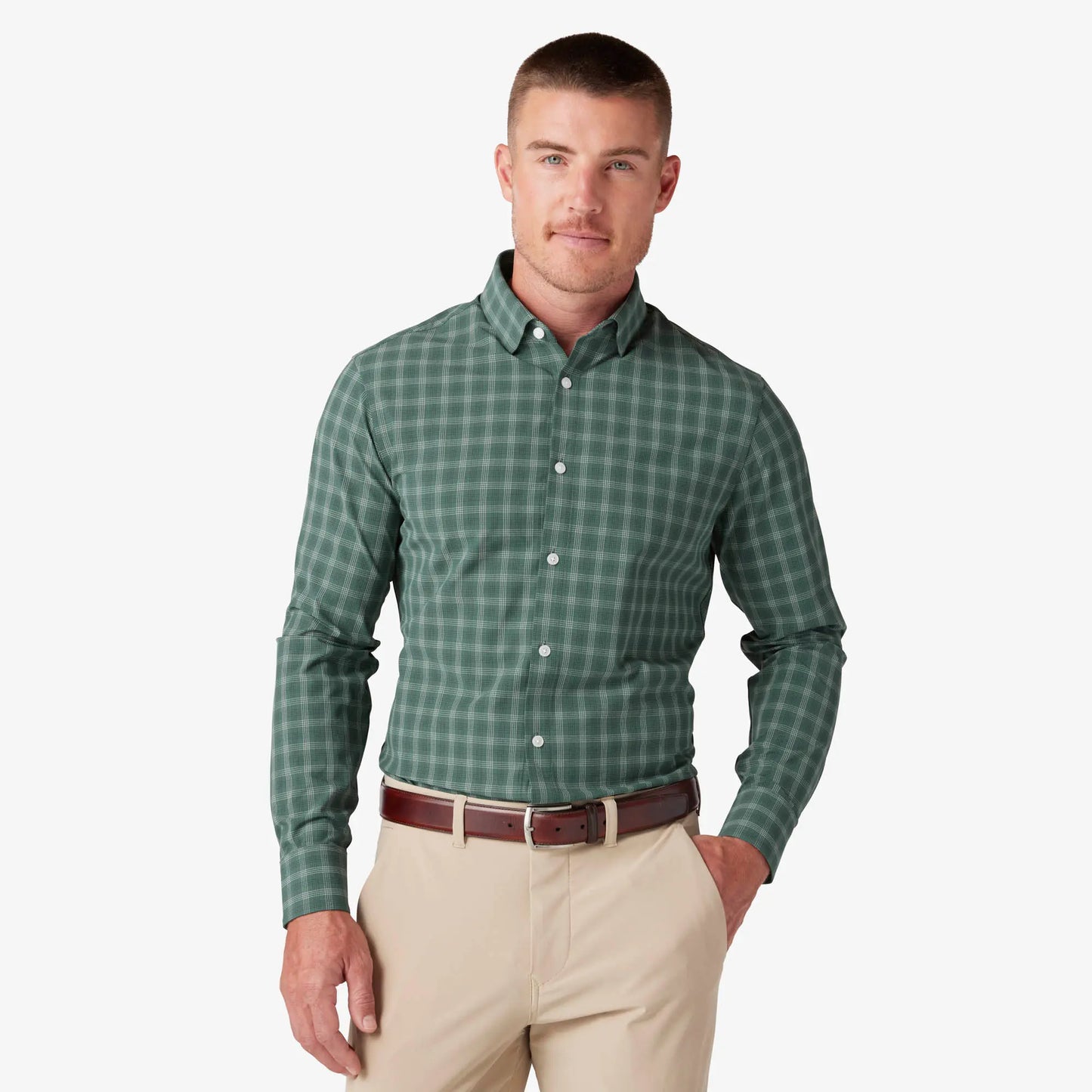 Mizzen + Main Leeward LS Dress Shirt Bistro Green Dallas Plaid
