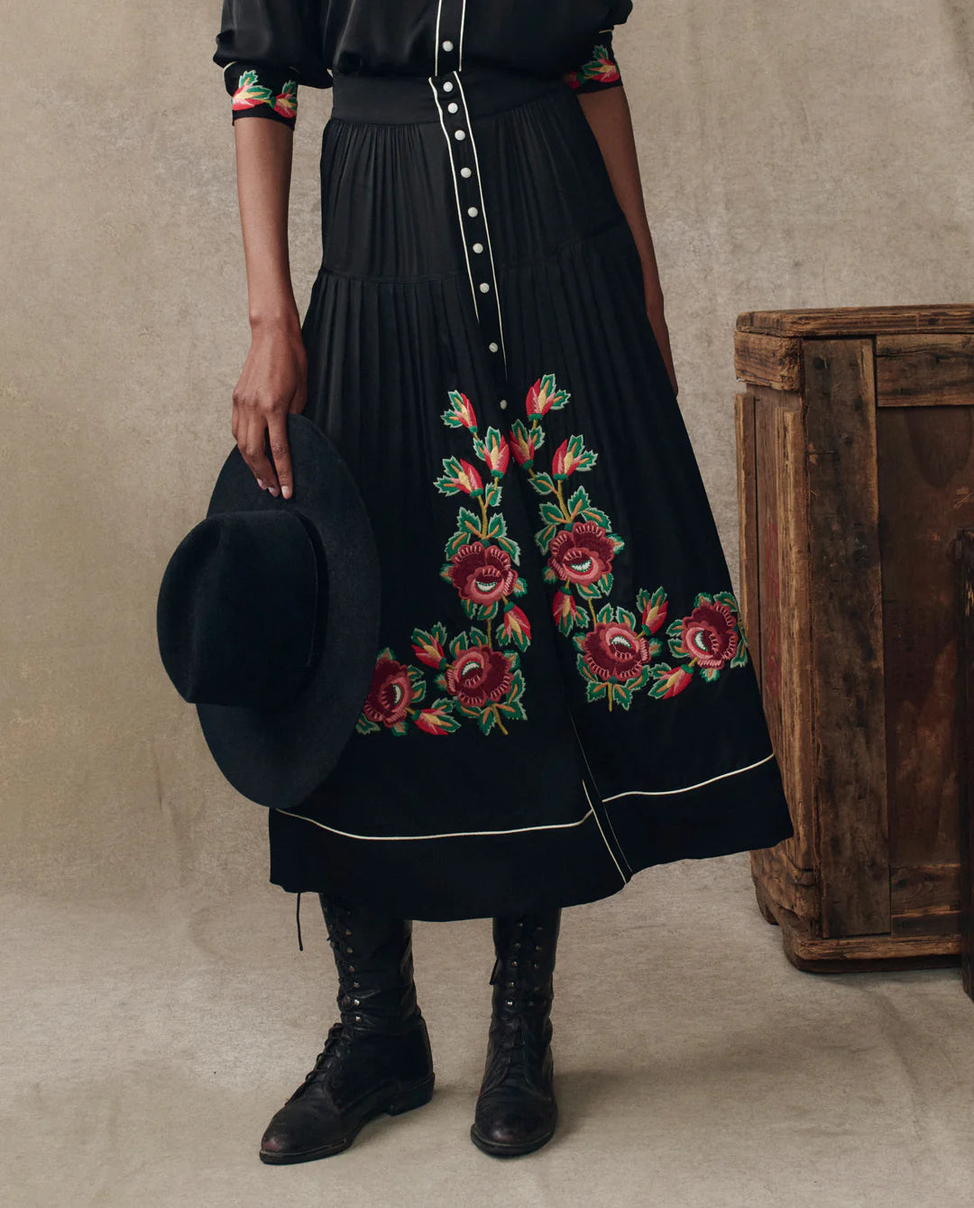 The GREAT The Heirloom Rose Highland Skirt Black