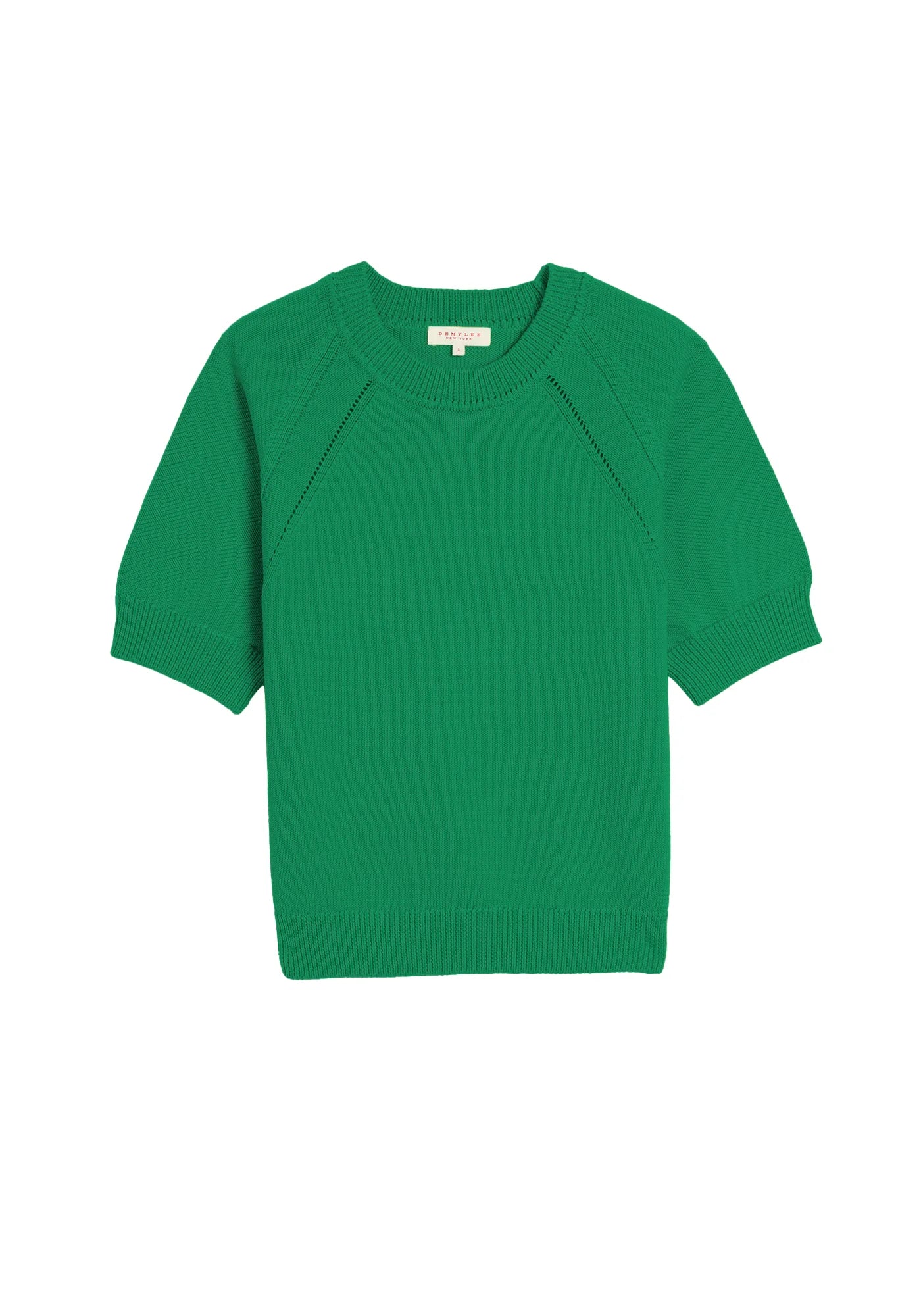 Demylee Arden short-sleeve cotton sweater in kelly green with ribbed neckline, cuffs and hem on white background.