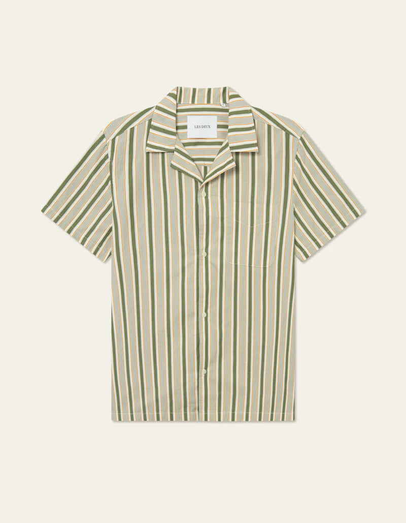 Les Deux Klark Stripe Poplin SS Shirt Chive Green/Thai Curry