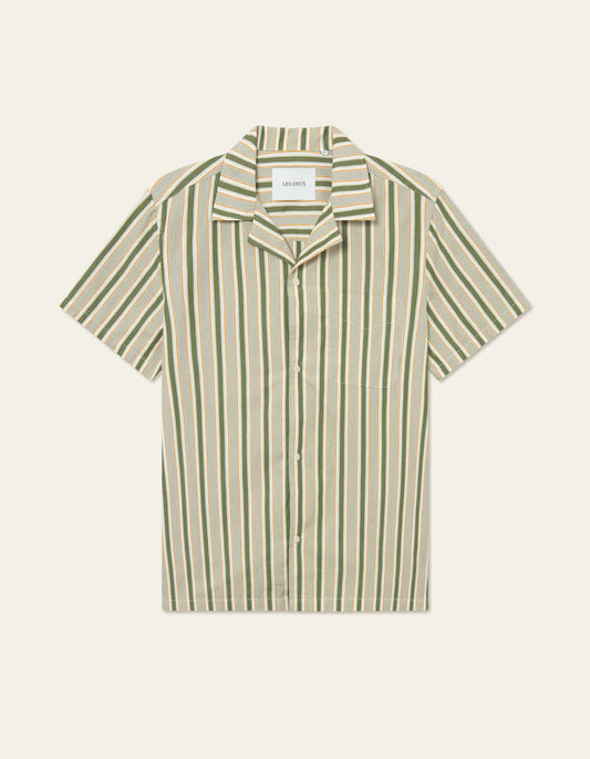 Les Deux Klark Stripe Poplin SS Shirt Chive Green/Thai Curry