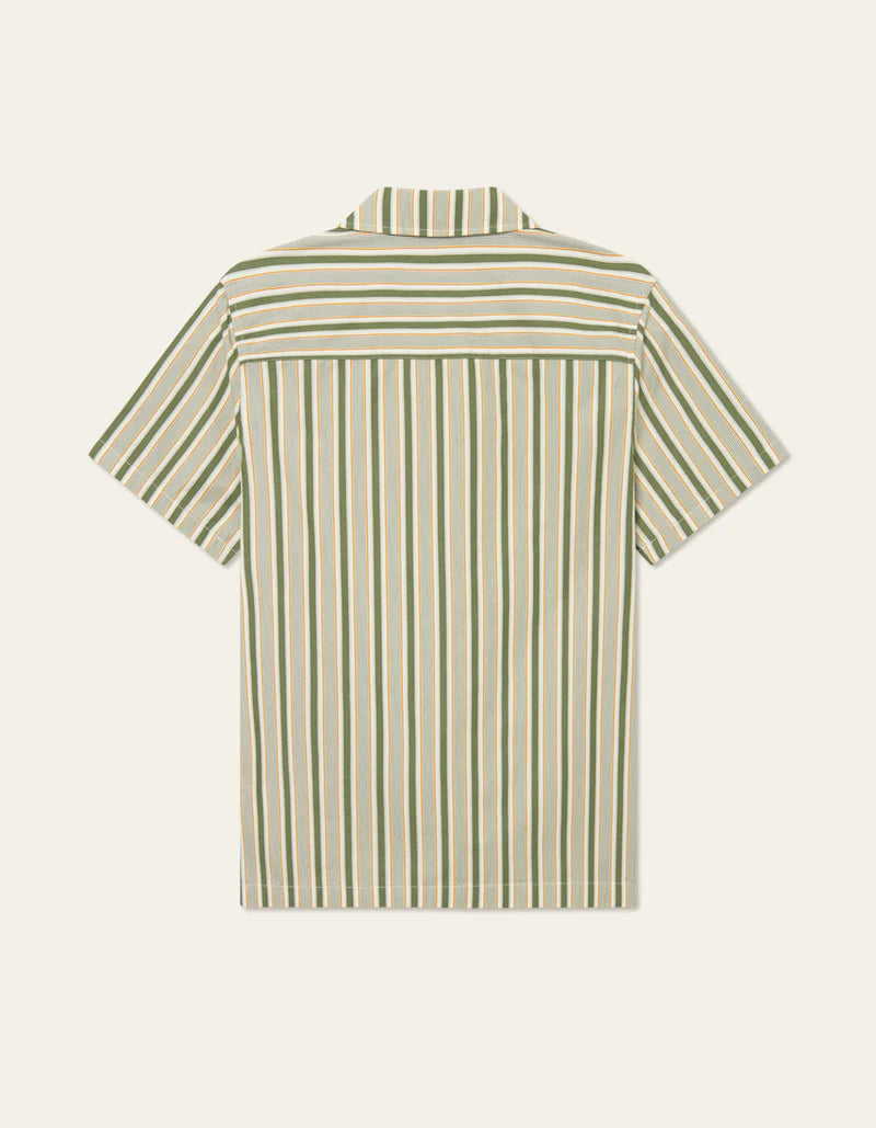 Les Deux Klark Stripe Poplin SS Shirt Chive Green/Thai Curry