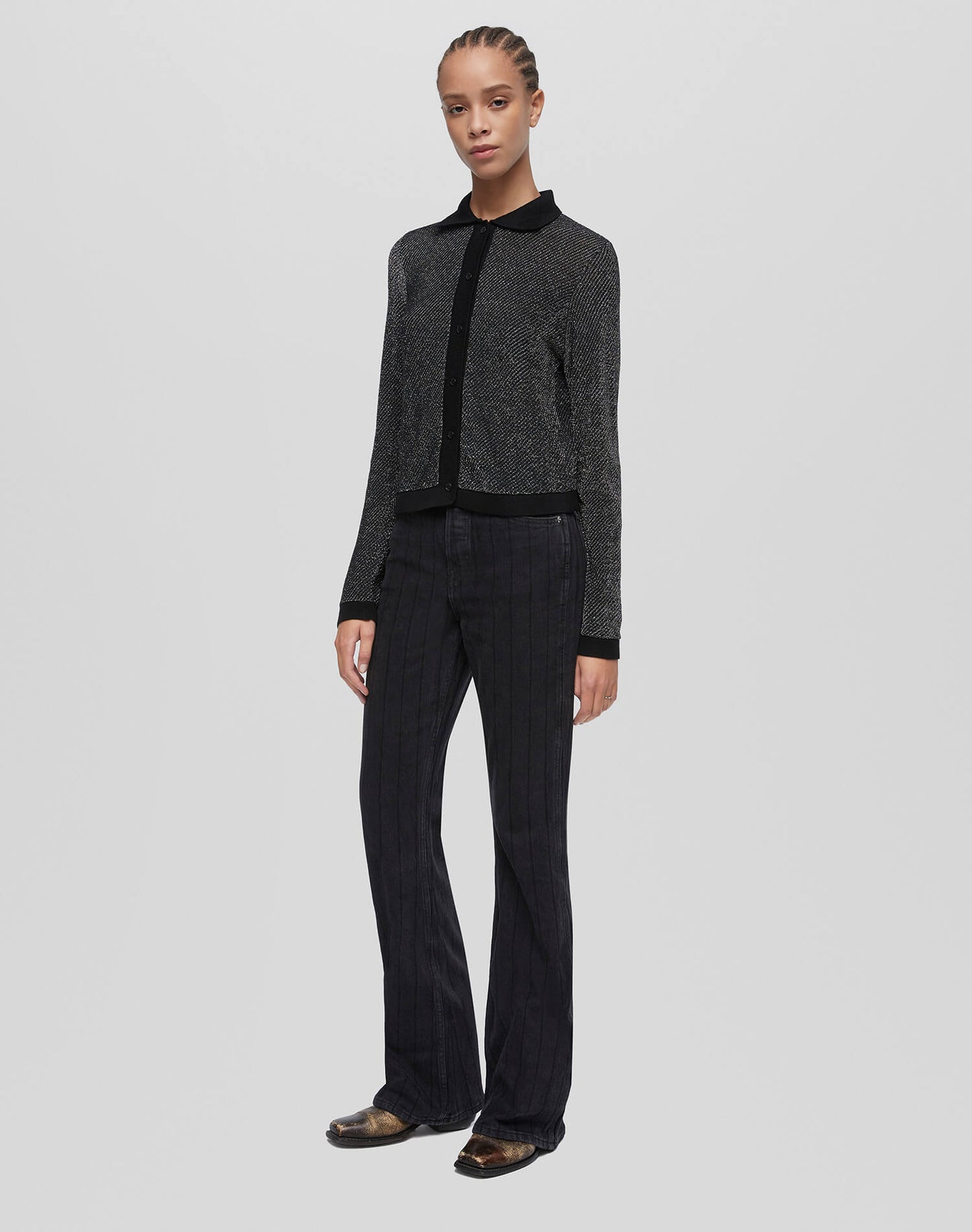 Re/Done Lurex Polo Cardigan Black/Silver Lurex