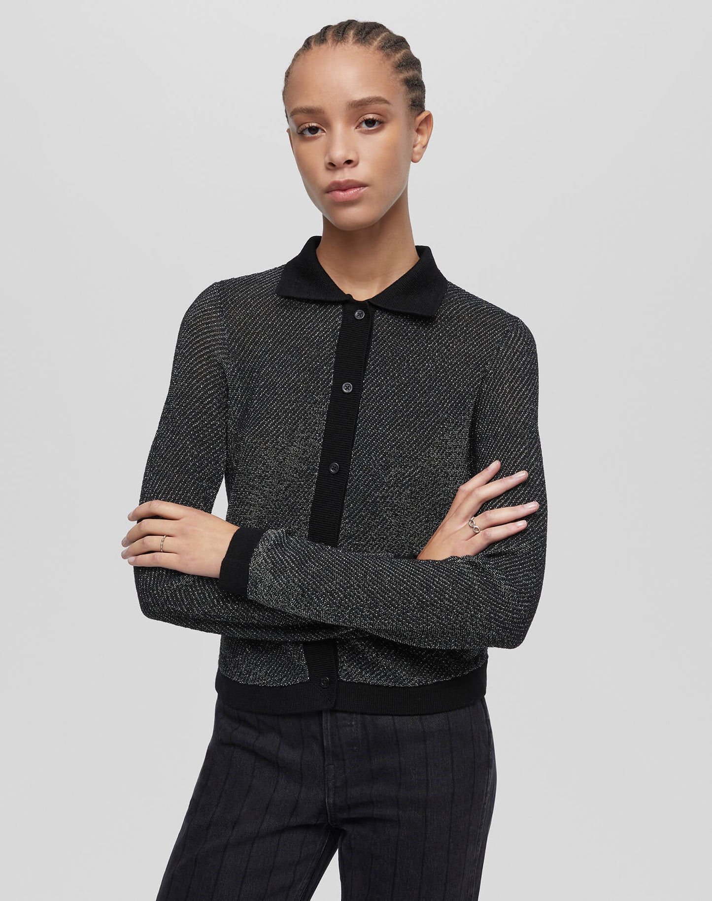 Re/Done Lurex Polo Cardigan Black/Silver Lurex