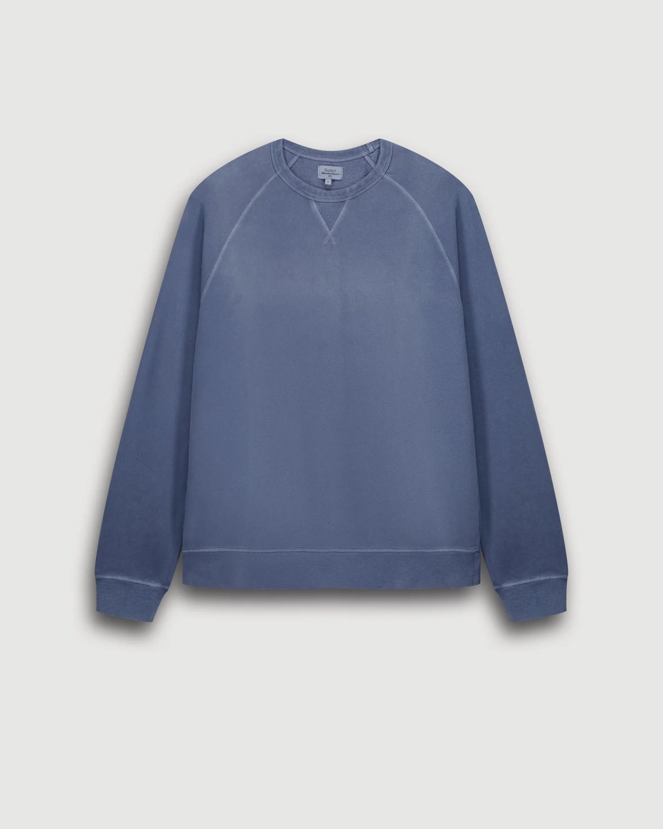 Hartford Light Fleece crew neck sweatshirt in denim blue with raglan sleeves and ribbed cuffs.