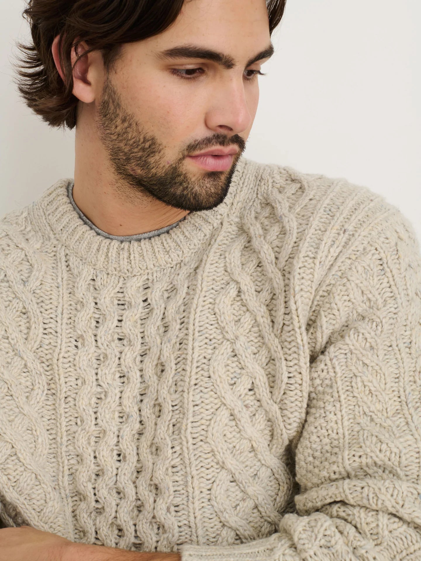 Alex Mill Fisherman Cable Crewneck in Oatmeal Donegal Wool