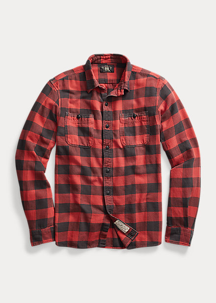 RRL LS Twill Plaid Farrell Workshirt Red Black