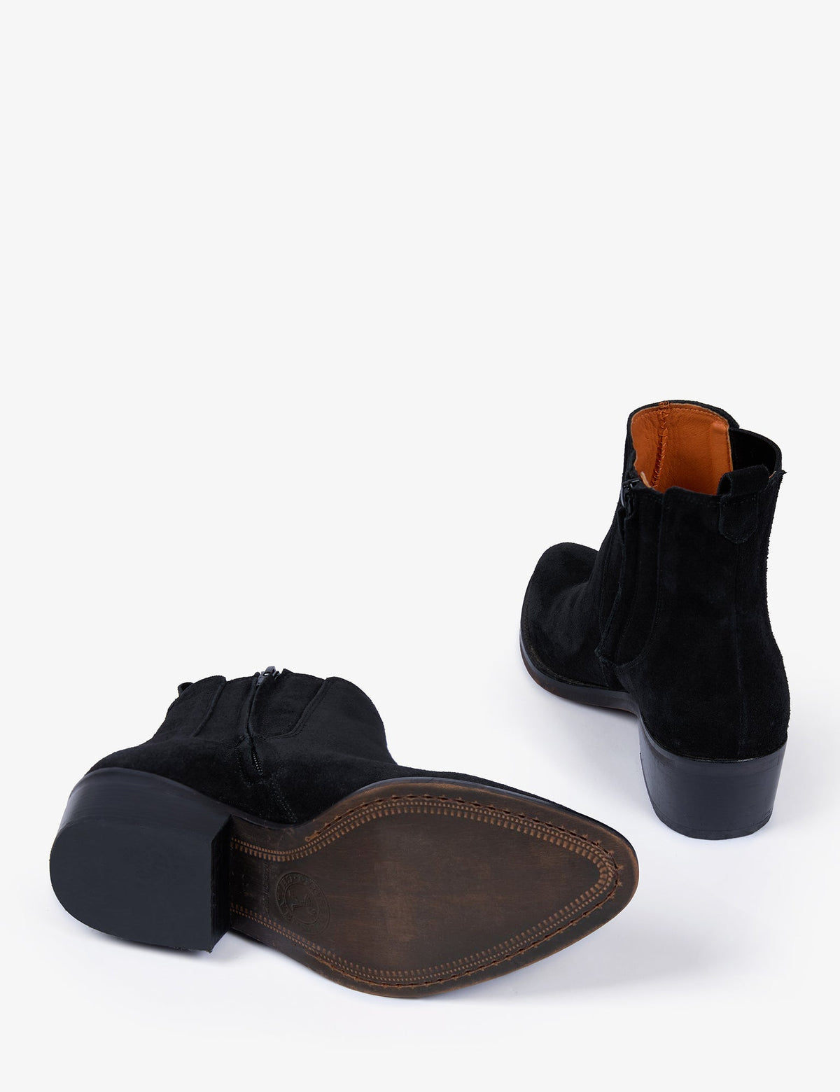 Penelope Chilvers Rove black suede ankle boots showing sole and heel views