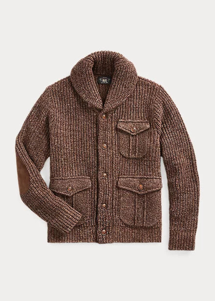 RRL LS Wool/Ctn/Linen 3 Pocket Shawl Cardigan Brown Tan Marl