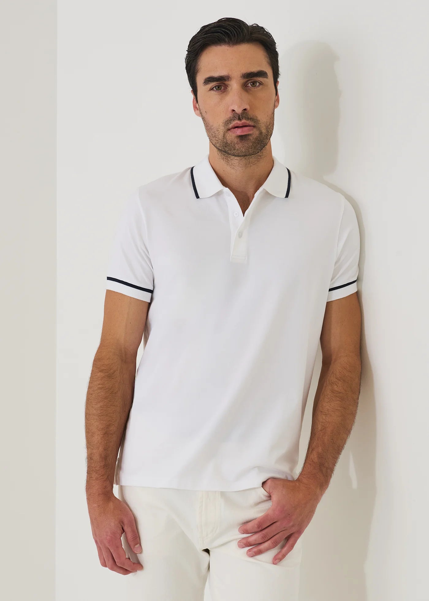 Patrick Assaraf white pima cotton stretch polo shirt with navy tipping details on collar and sleeves