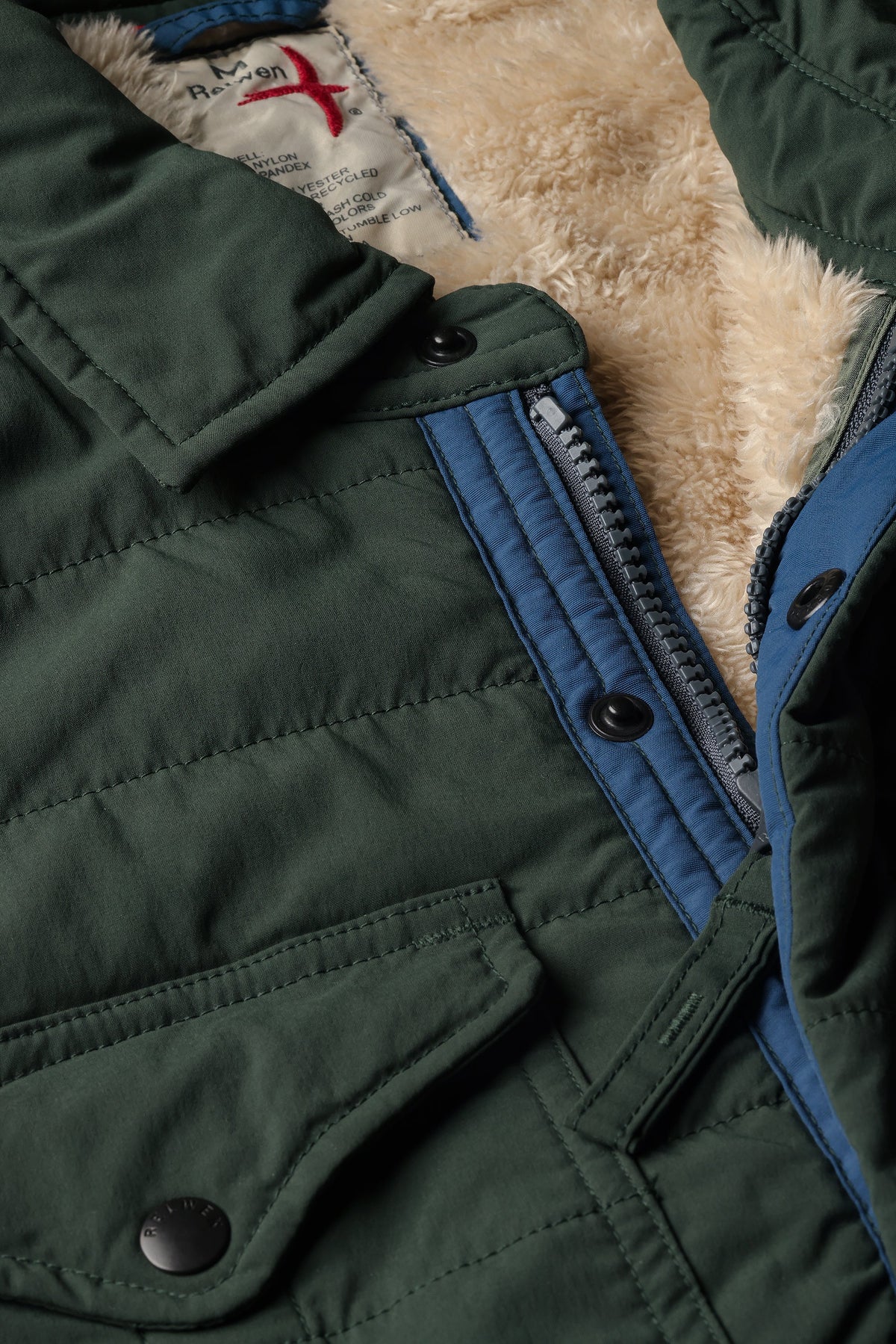 Relwen Quilted Superfleece Jacket in dark forest green with sherpa lining and blue zipper detail