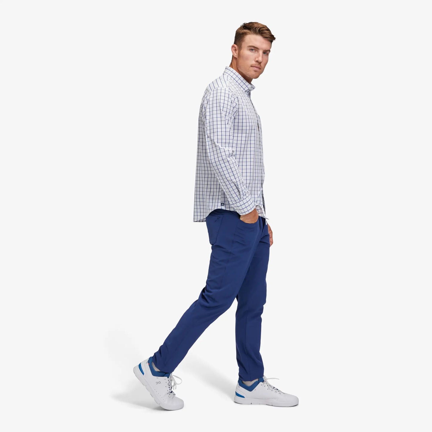 Mizzen + Main Leeward No Tuck LS White Navy Windowpane
