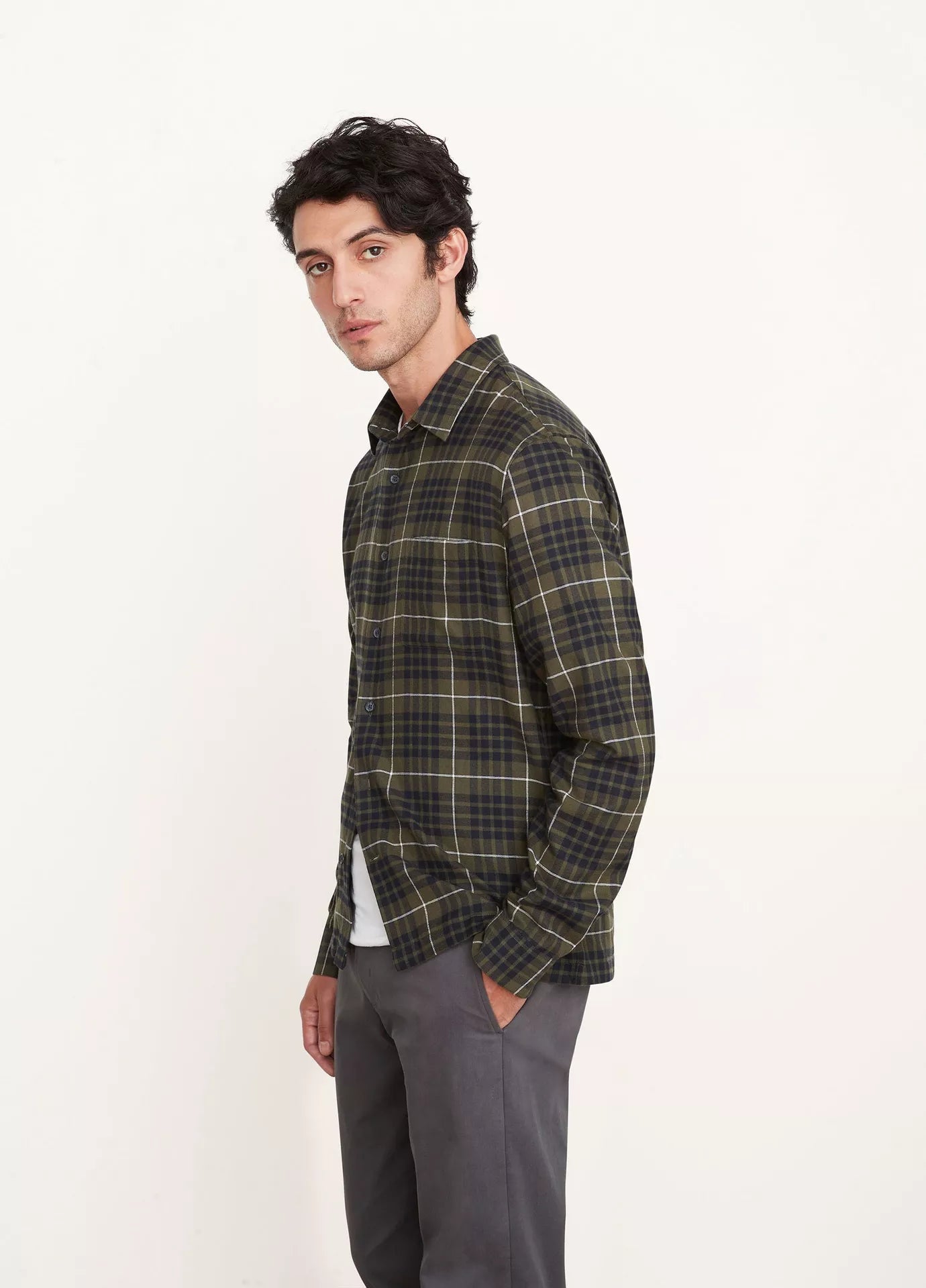 Vince Calabasas Plaid LS Dk Olive Field