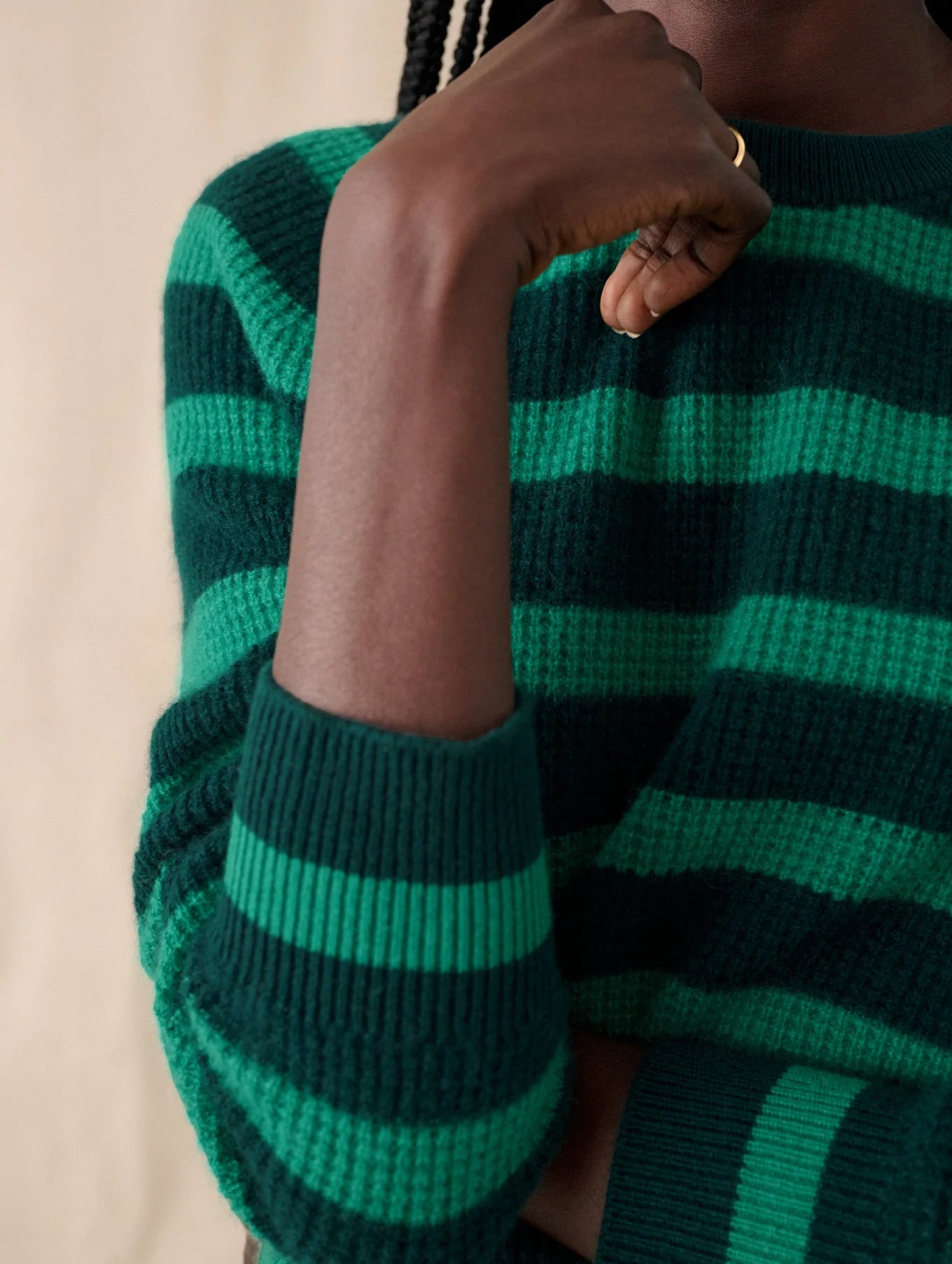 White + Warren Cashmere Striped Thermal Sweatshirt Cypress/Green