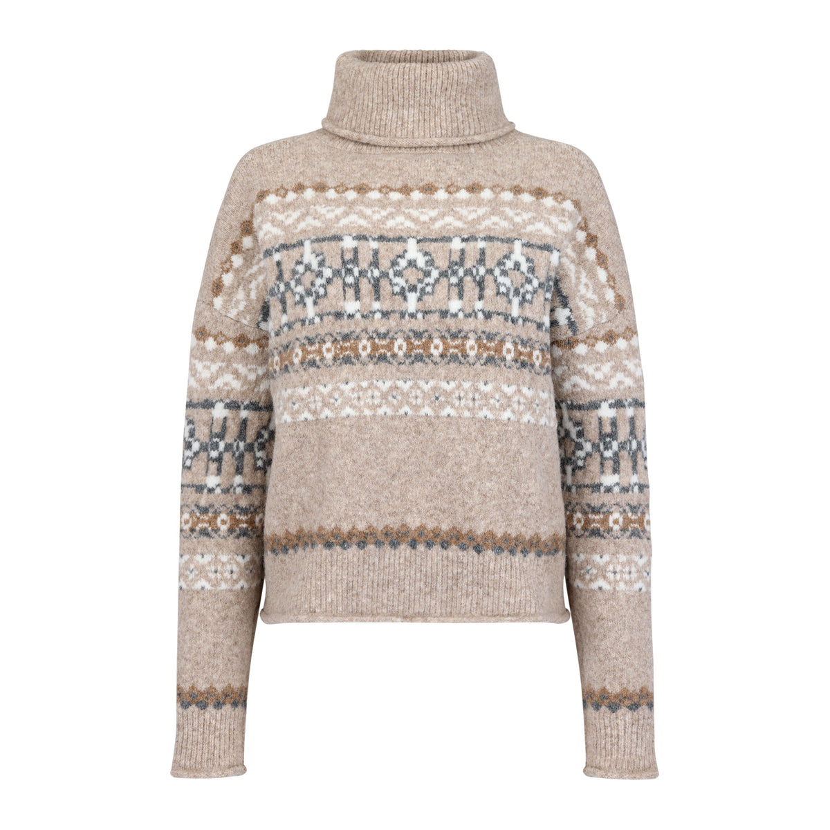 Fair Isle turtleneck sweater in oatmeal beige with white, gray, and camel pattern details