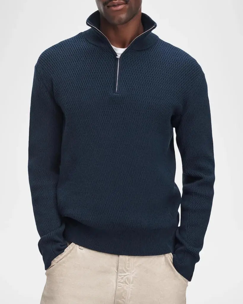 Man wearing navy waffle-knit quarter-zip sweater with textured pattern and silver zipper