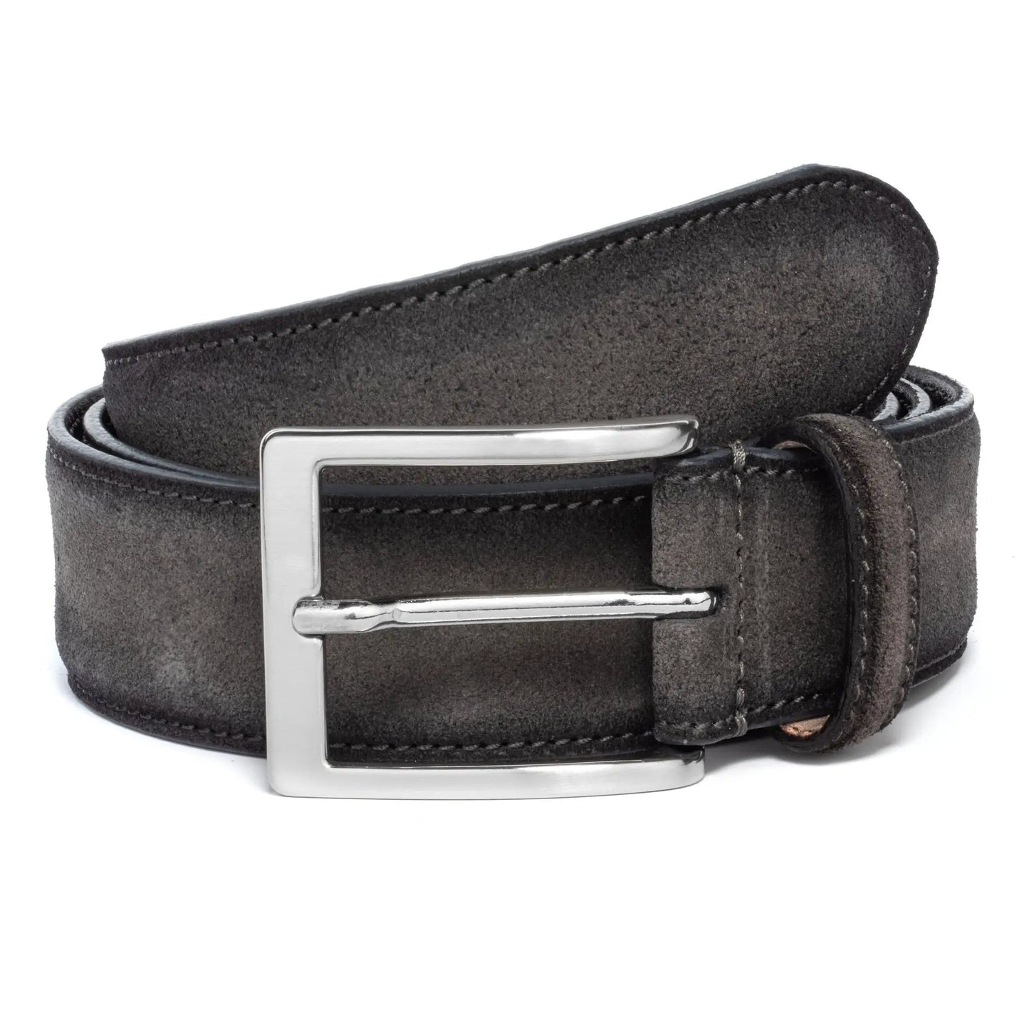 Grey suede belt coiled with polished silver square buckle and contrast stitching