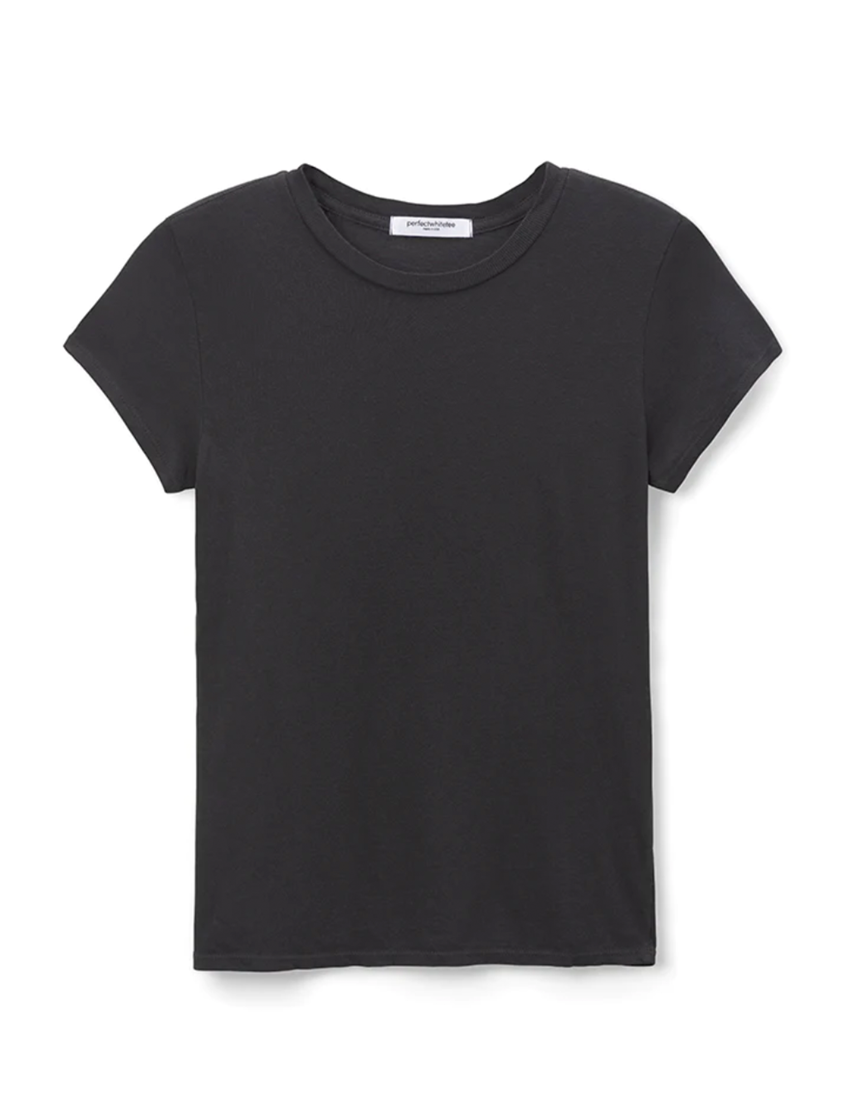 Black short sleeve crew neck t-shirt with Perfect White brand label