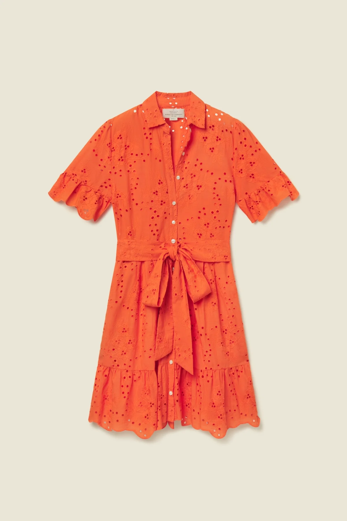 Orange-red eyelet dress with short sleeves, button front, tie waist and ruffled hem