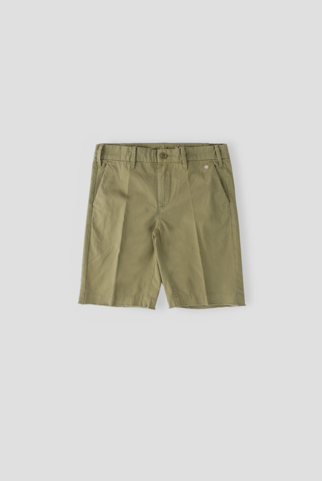 Olive green cut-off bermuda shorts with button closure on white background