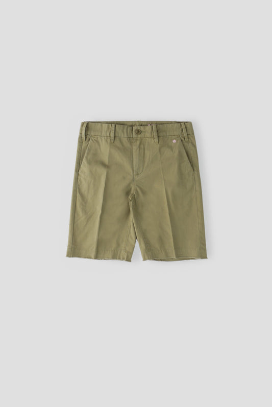 Olive green cut-off bermuda shorts with button closure on white background