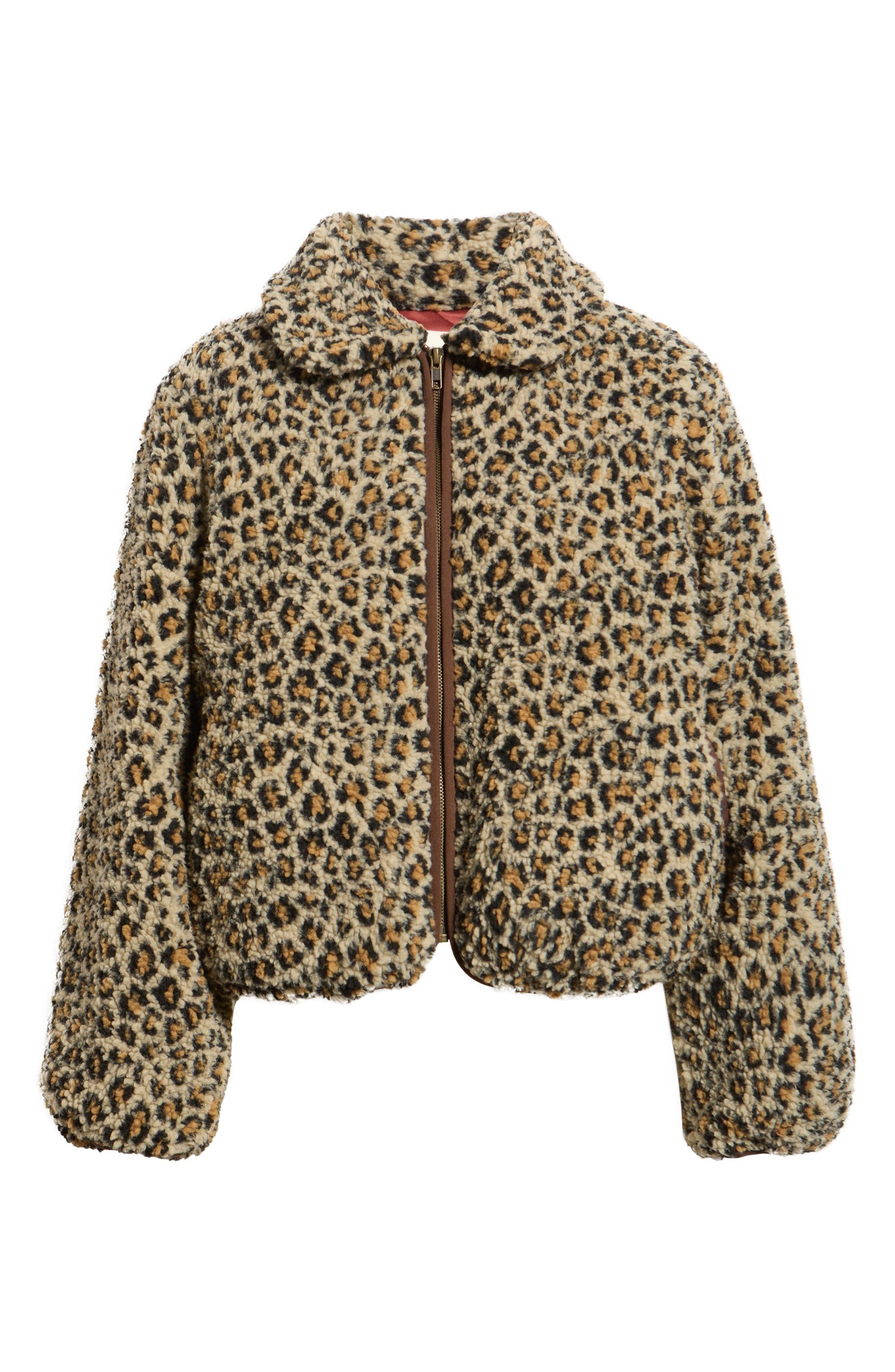 The GREAT Vail fleece jacket in tan leopard print with front zipper closure